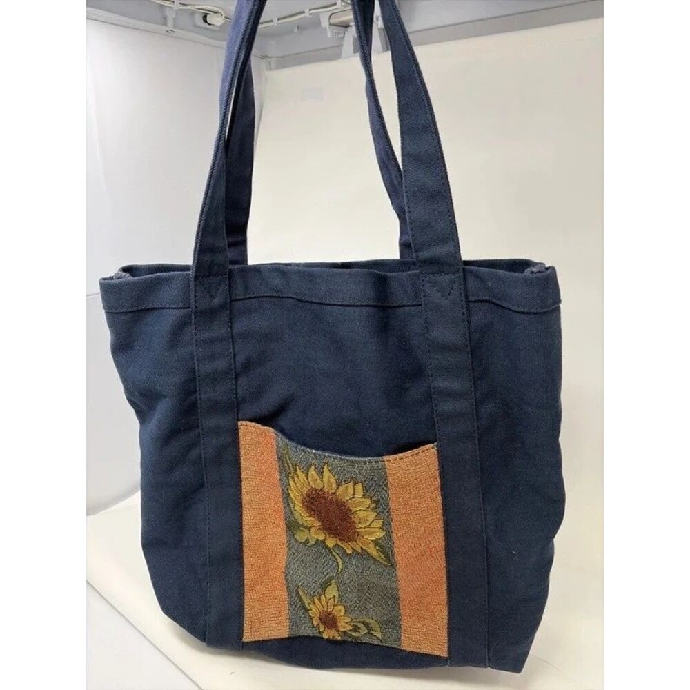 Thick Cotton Boho Sunflower Woven Patchwork Tote Bag Navy Blue Utility